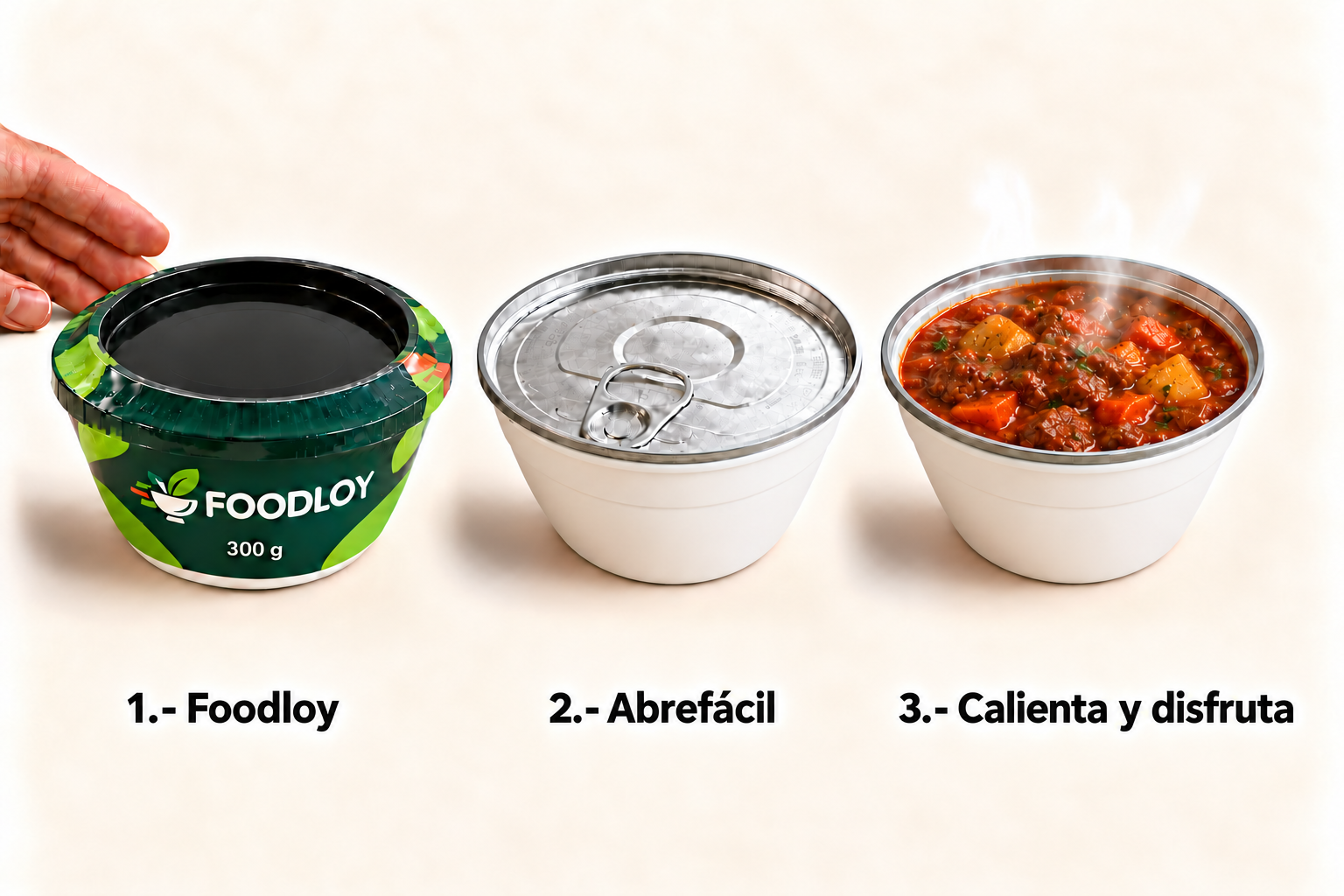 Tres etapas del bowl Foodloy: presentación, sello abre fácil y guisado caliente